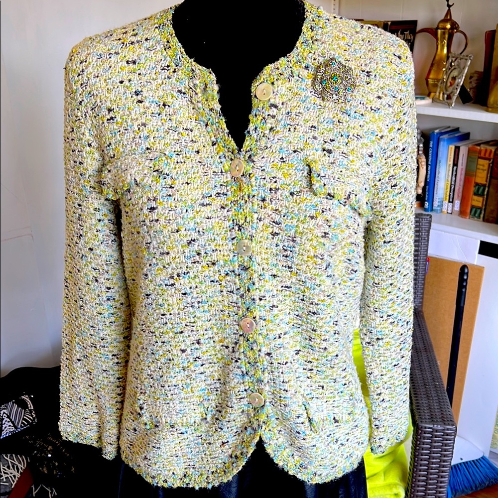 SIGRID OLSEN Tweed Boucle Knit Jacket in Cream and Green